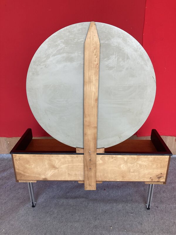 Coiffeuse scandinave en teck avec un grand miroir rond