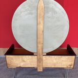 Scandinavian teak dressing table with a large round mirror.