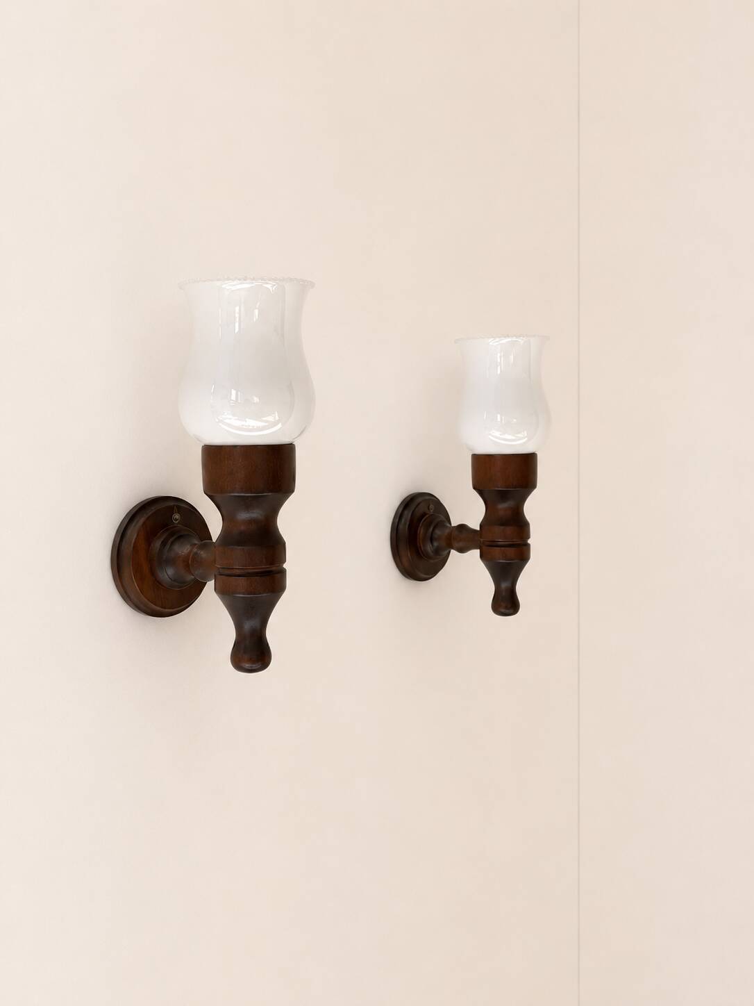 Pair of vintage wall sconces, wood and opaline, France, 1970.