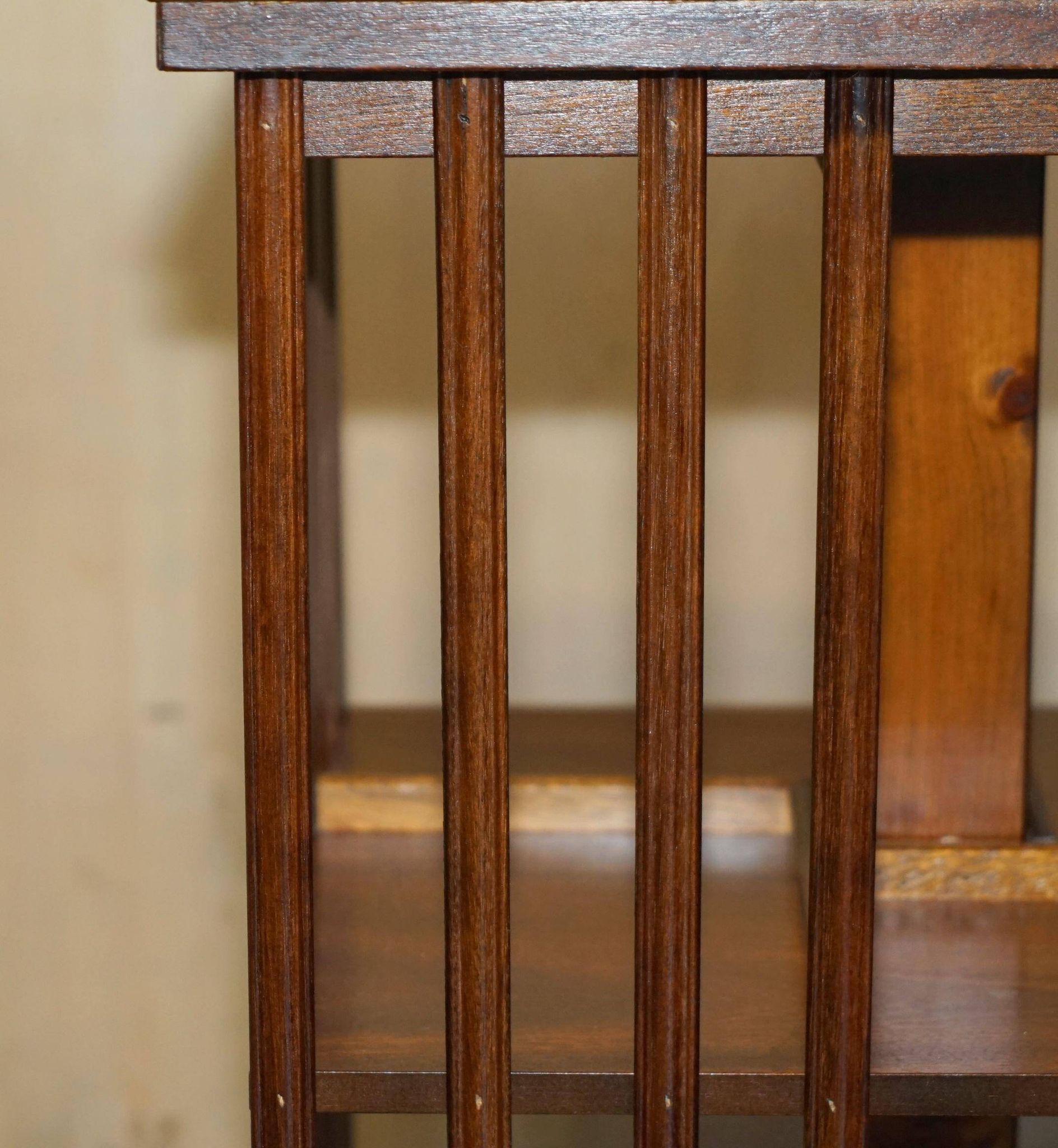 Sheraton Revival rotating library table in walnut and satin wood.