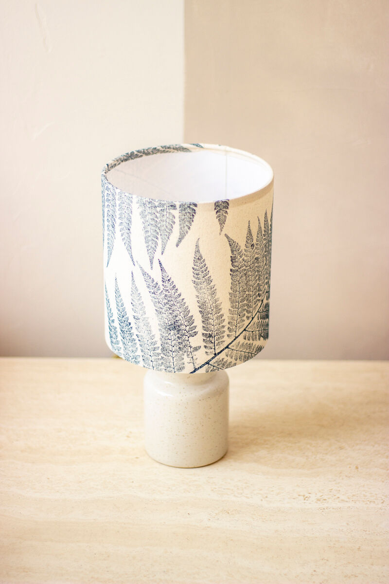 Speckled white enamelled mustard pot lamp - fern pattern
