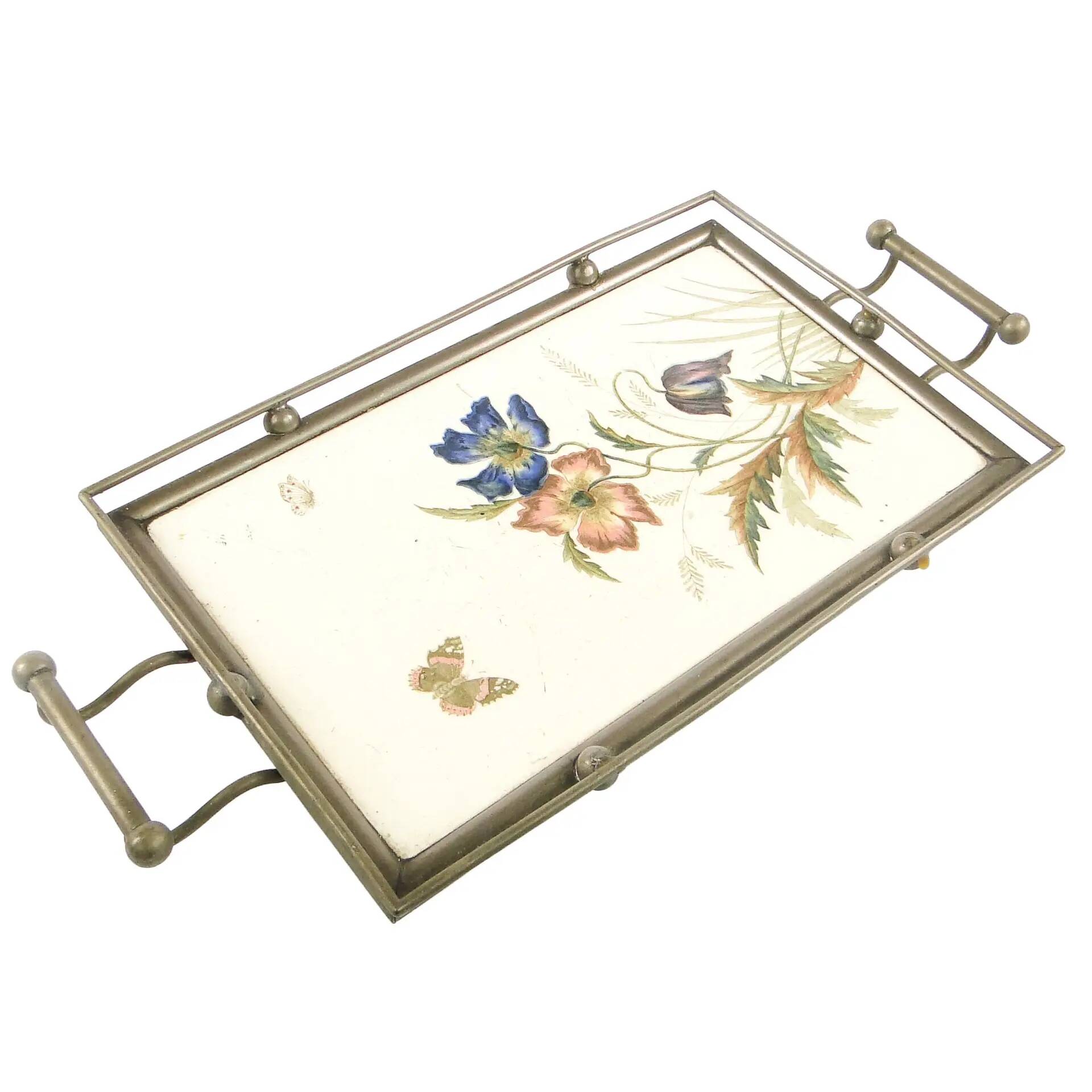 Art Nouveau tray, silver-plated brass, white porcelain, Austria, early 20th century