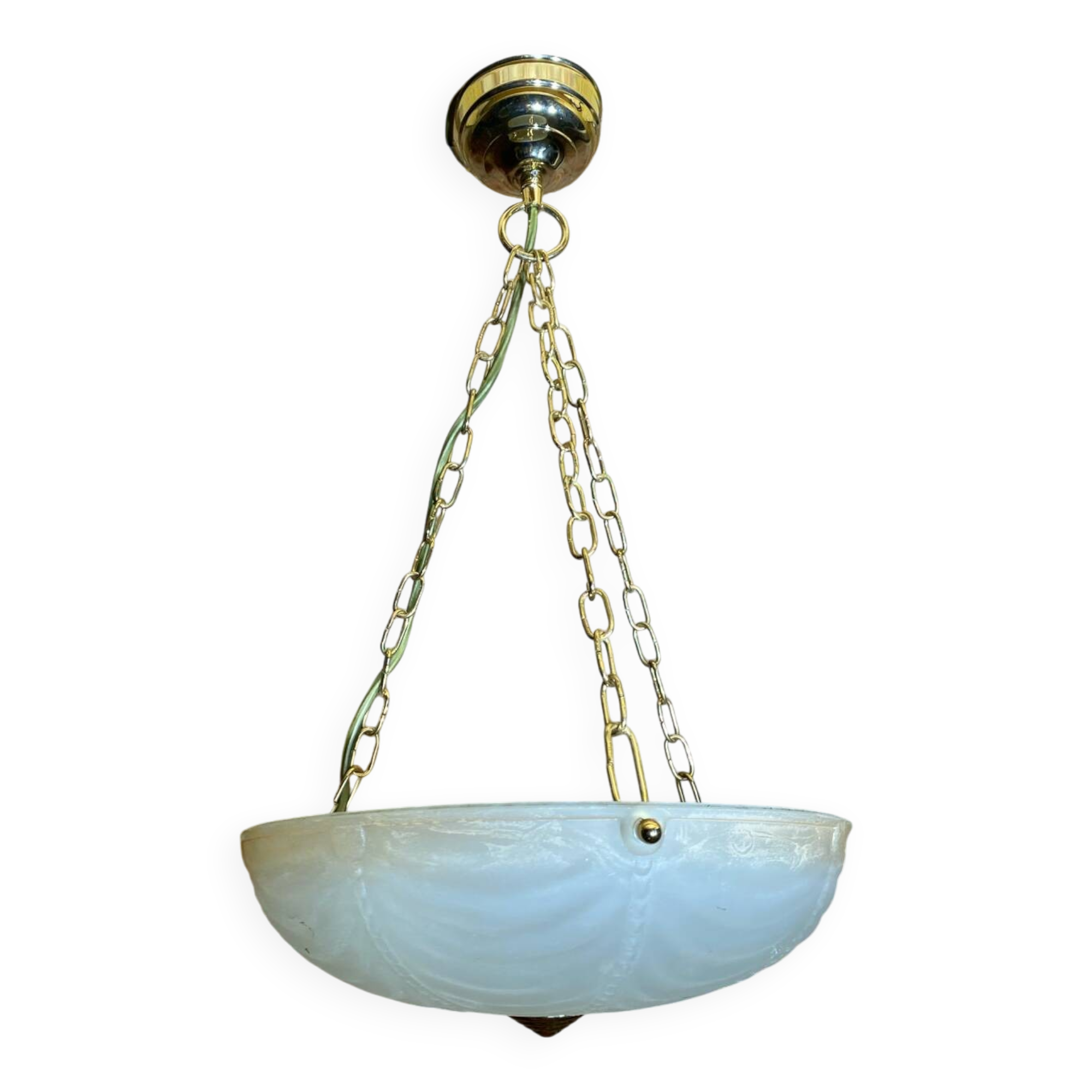 Antique Pendant Light Dome Molded Glass + Vintage Gold Metal