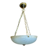 Suspension Ancienne Coupole Verre Moulé + Métal Doré Vintage