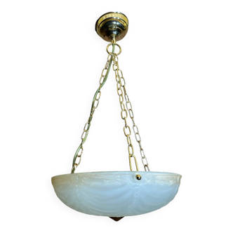 Suspension Ancienne Coupole Verre Moulé + Métal Doré Vintage