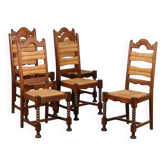 Set of 6 rush-seated chairs in solid oak, 1940.