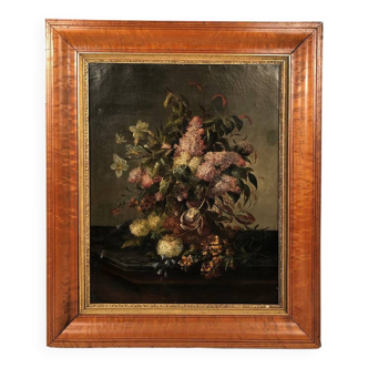 Sureau. Huile sur toile, “Bouquet de fleurs sur entablement”, XIXe