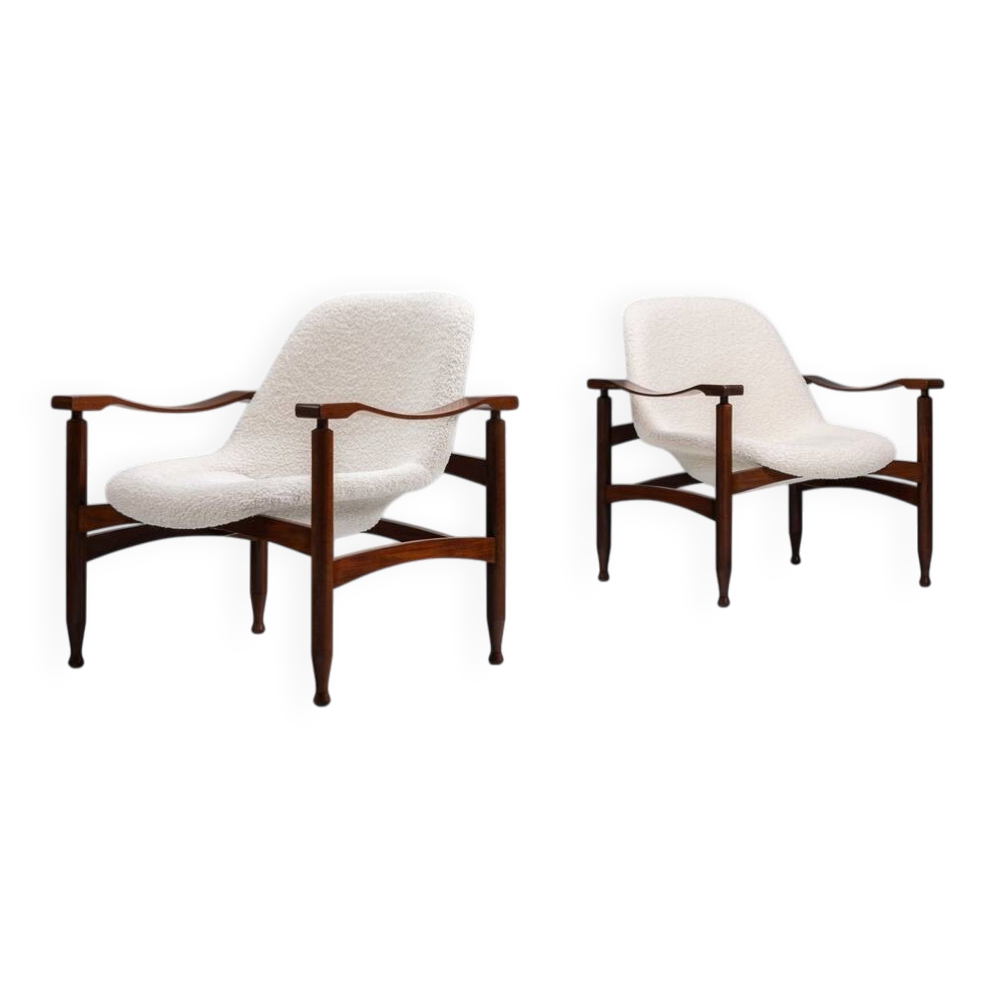 Pair of “Tiki” lounge chairs in teak and bouclé Busnelli Italy 1960