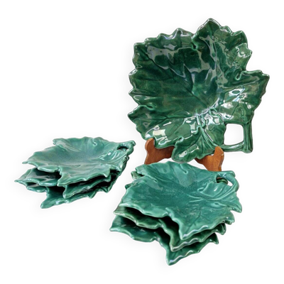 Plat et ses 6 coupes vintage dlg de vallauris céramique vert forme de feuille