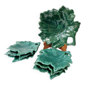 Plate and its 6 vintage bowls from Vallauris, green ceramic in the shape of a leaf.