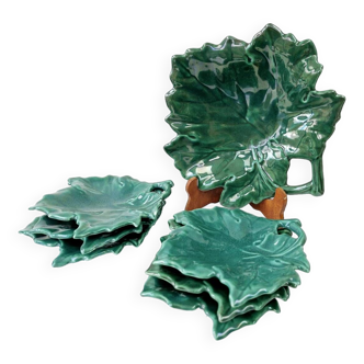 Dish and its 6 cups vintage dlg de vallauris green ceramic leaf shape