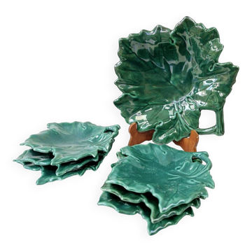 Plat et ses 6 coupes vintage dlg de vallauris céramique vert forme de feuille
