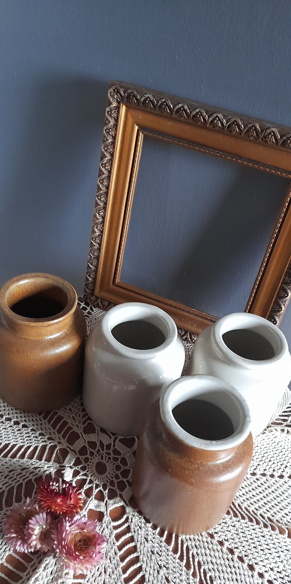 4 old stoneware mustard pots, lab Lagny, vintage France circa 1950/1960