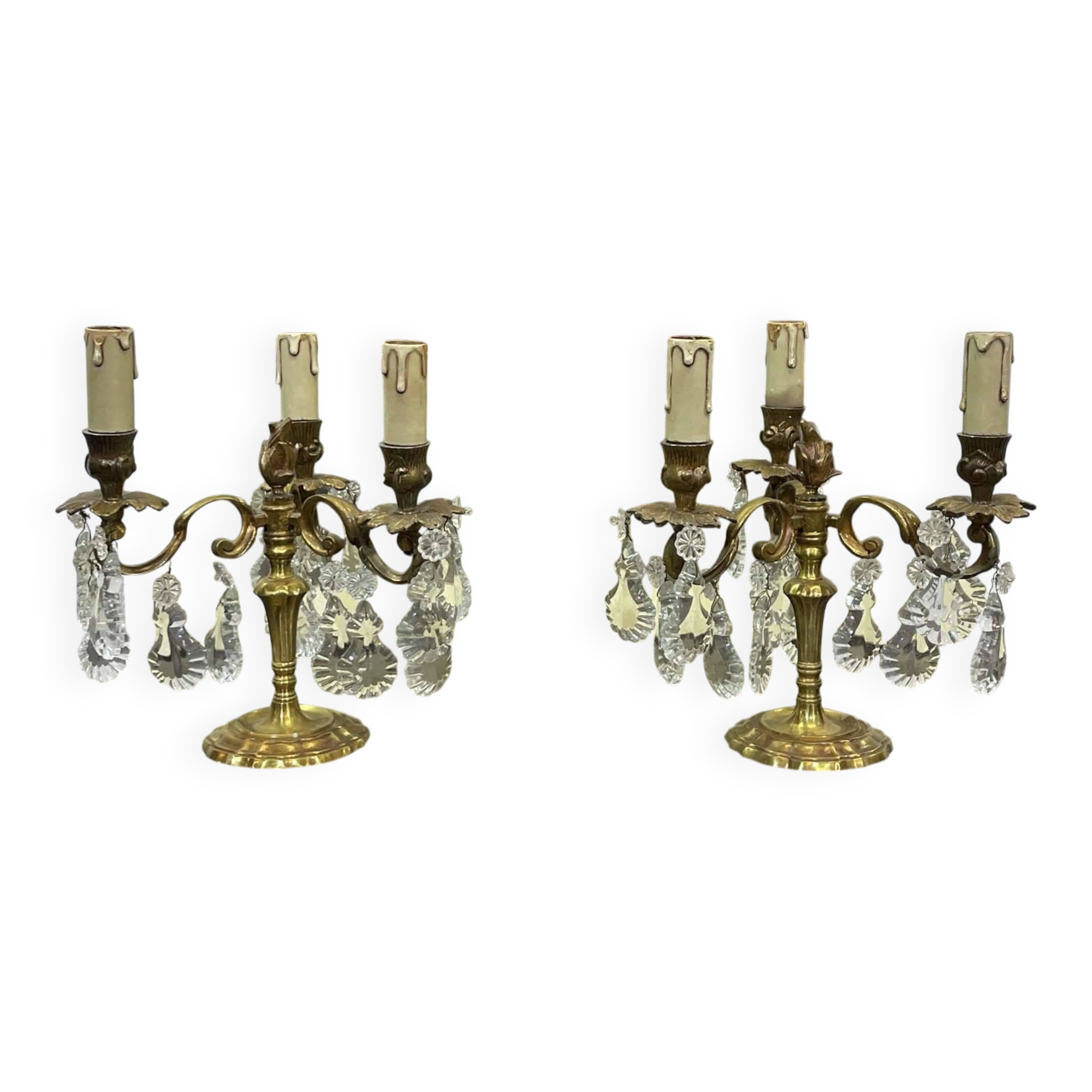 Pair of bronze chandeliers with crystal drops from the 1960s