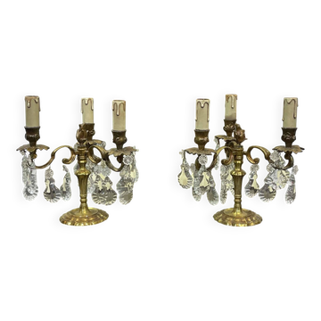 Pair of bronze chandeliers with crystal drops from the 1960s