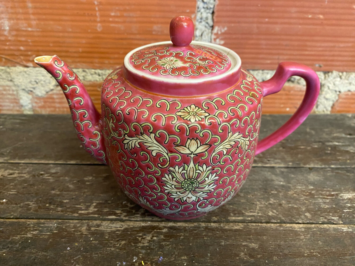 Antique MUN SHOU Teapot Pink Porcelain Flower Decor China Vintage #