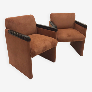 Pair of cube armchairs reupholstered in corduroy
