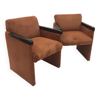 Pair of cube armchairs reupholstered in corduroy