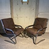 Pair of 70s designer armchairs/chairs in chrome and brown fabric