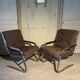 Pair of 70s designer armchairs/chairs in chrome and brown fabric