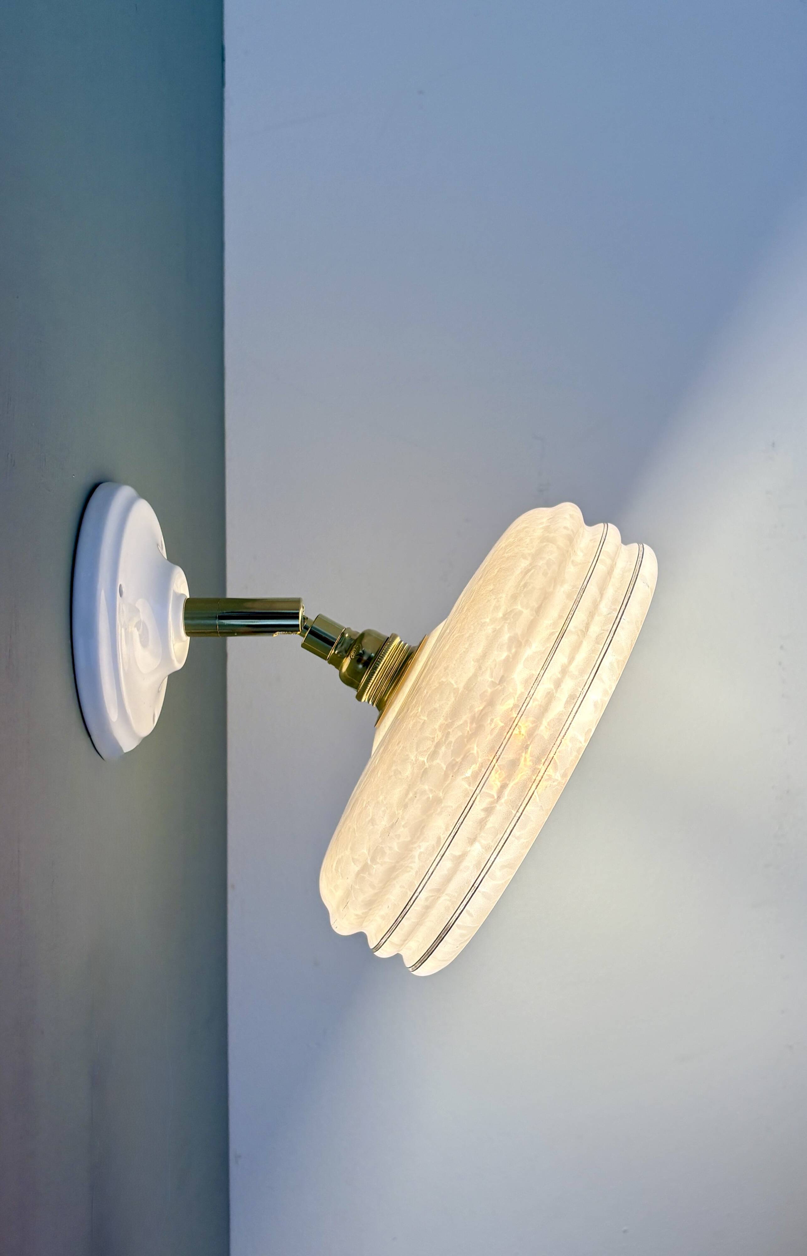 Vintage wall lamp with pink Clichy glass shade and silver edging