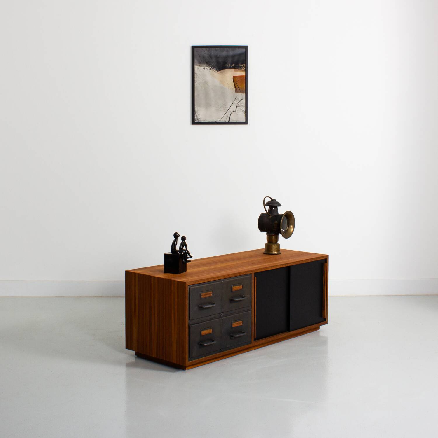 Teak sideboard with industrial metal drawers and 2 black sliding doors
