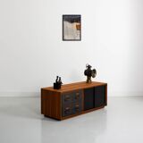Teak sideboard with industrial metal drawers and 2 black sliding doors