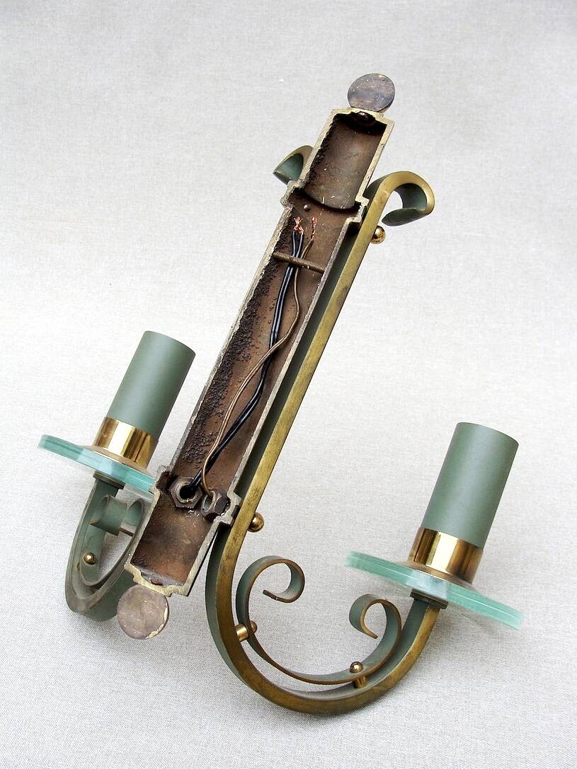 Pair of art deco lacquered metal, brass and glass wall lights