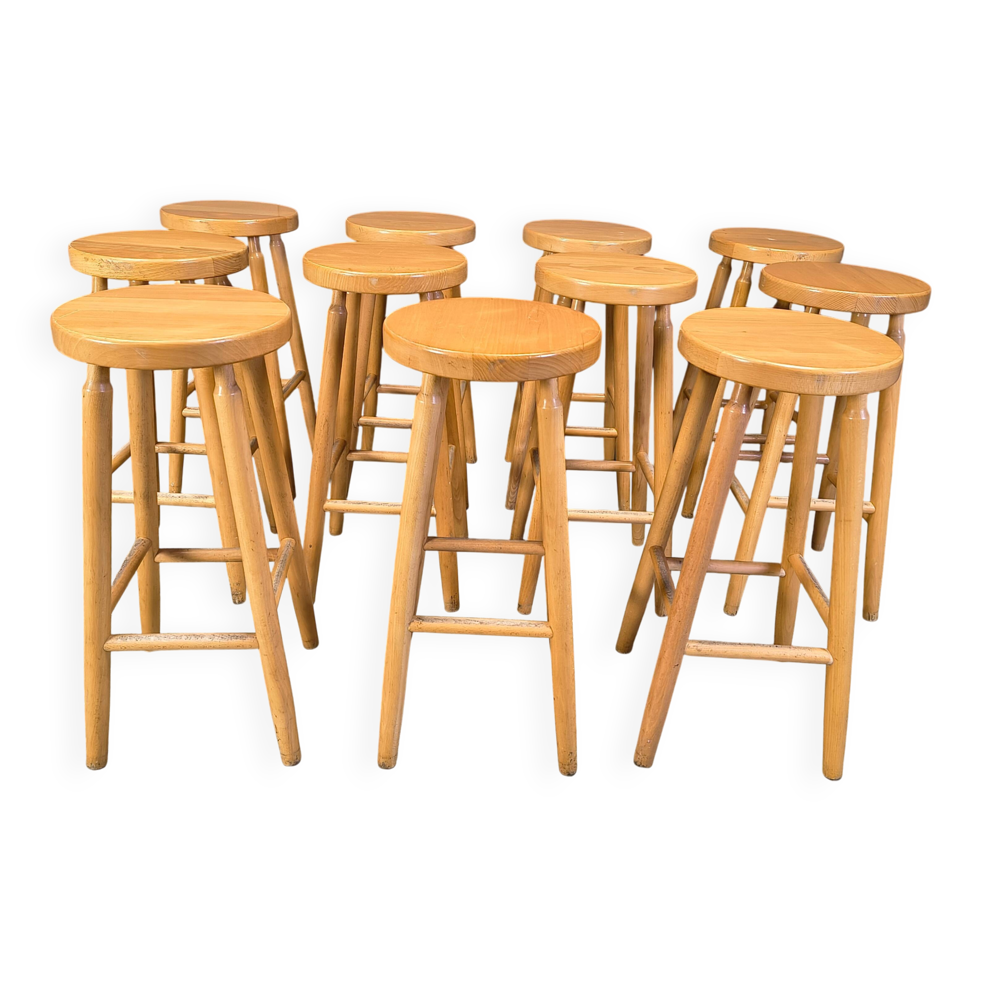 Alpine style chalet stools in wood, set of 11 - 1970s