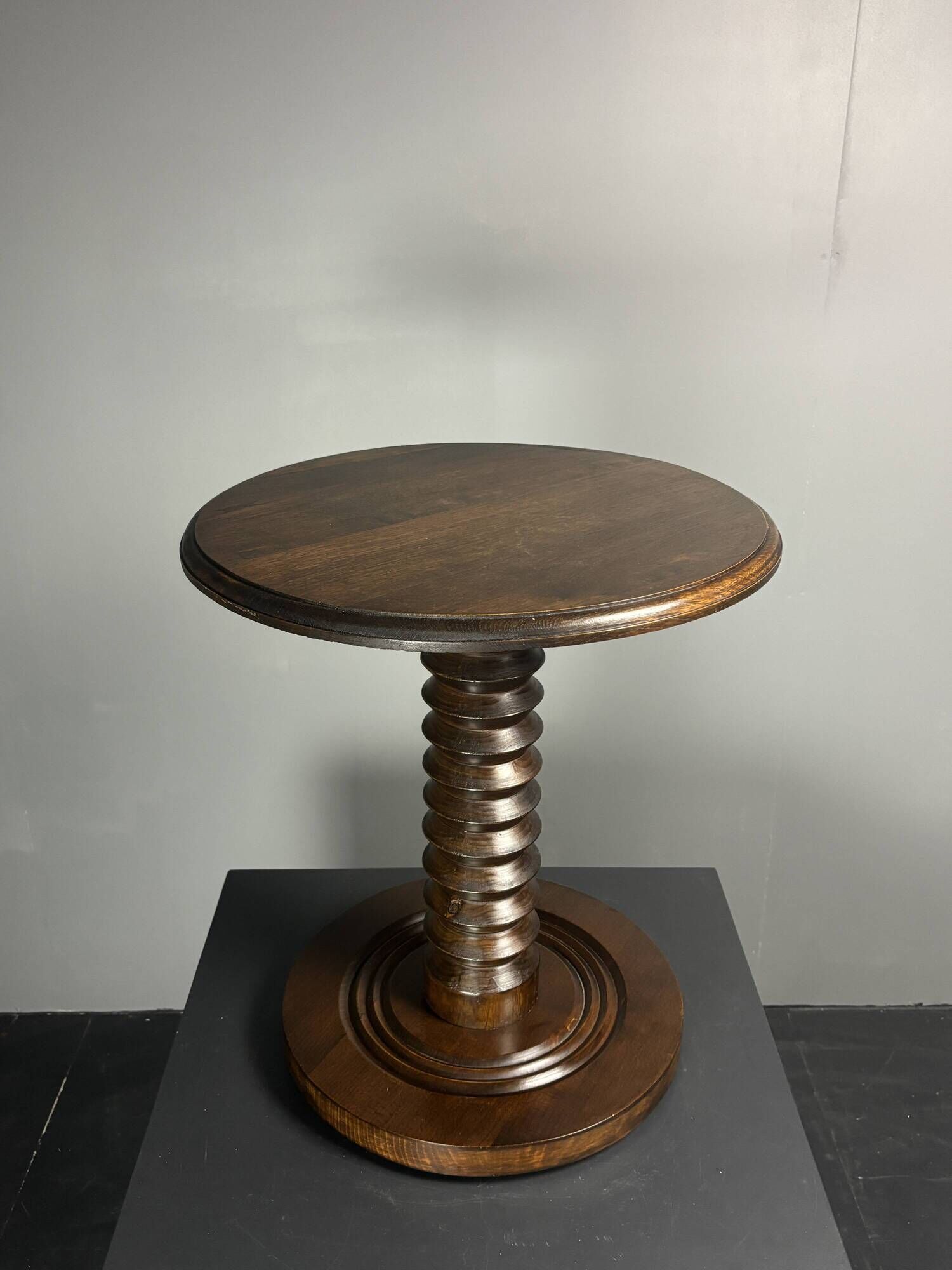 Midcentury brutalist wood turned side table, Charles Dudouyt style, 1950s