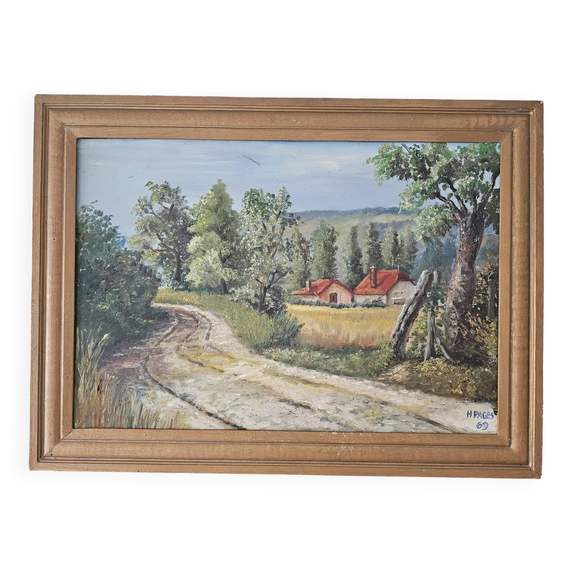 Oil painting on Isorel - Hilly countryside landscape Signed H Pages 1969