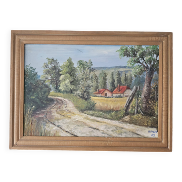 Oil painting on Isorel - Hilly countryside landscape Signed H Pages 1969