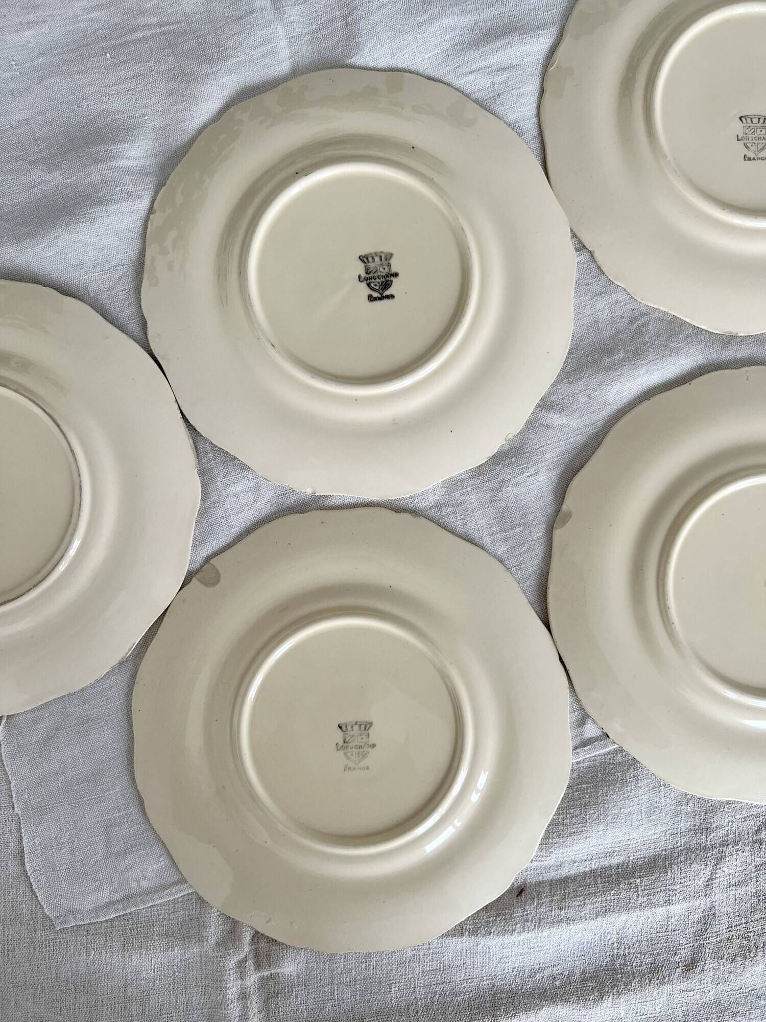 Set of 5 vintage earthenware flat plates stamped Longchamp beige color classic style