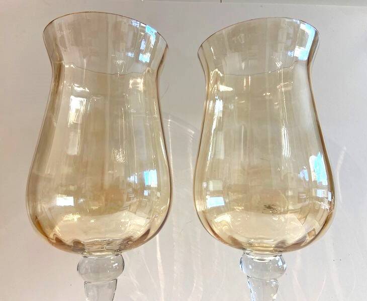 Duo of Tealight Holders Vases Candle Holders on Stand Blown Crystal Glass Amber