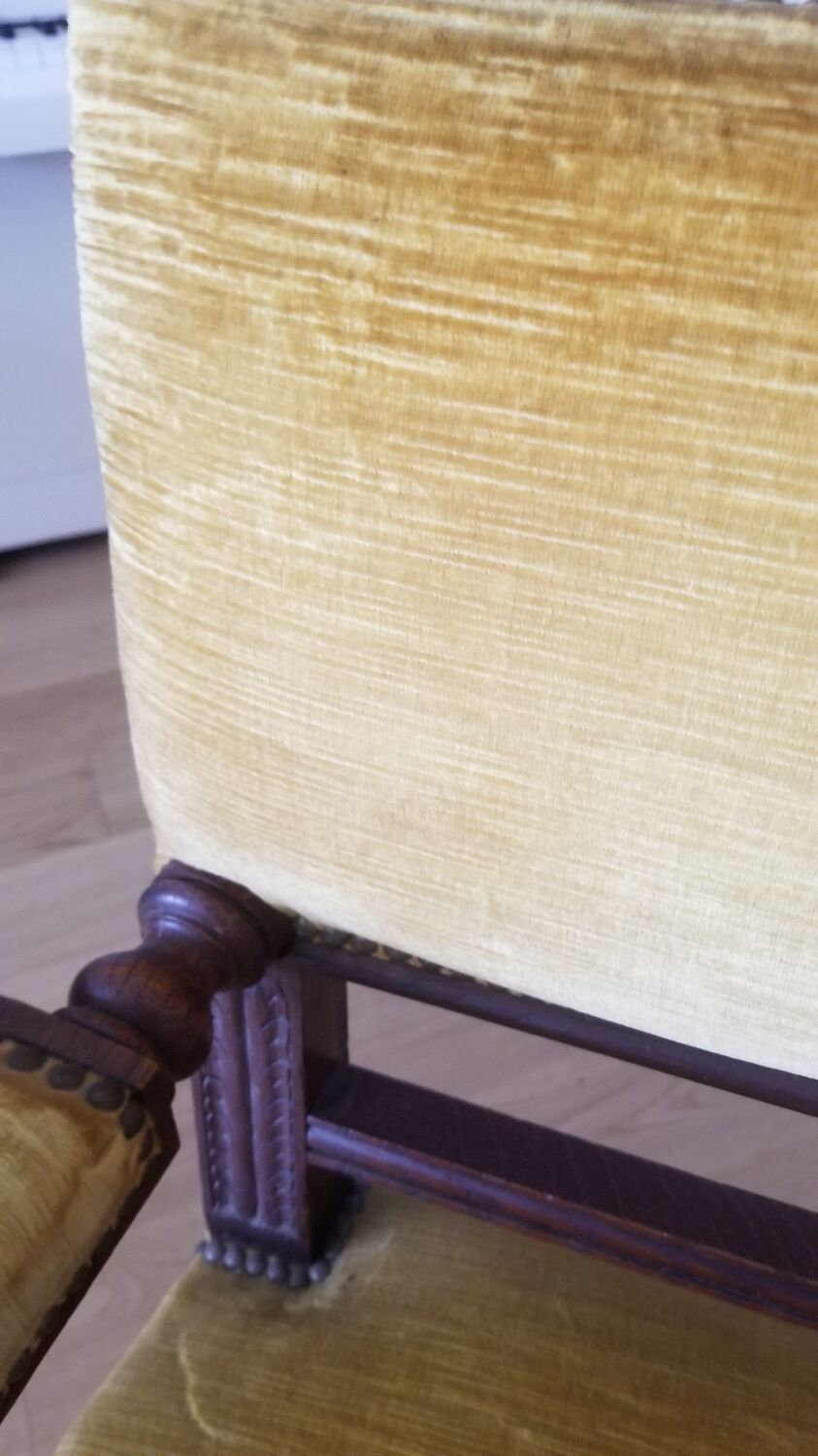 Mustard yellow wooden and velvet armchair