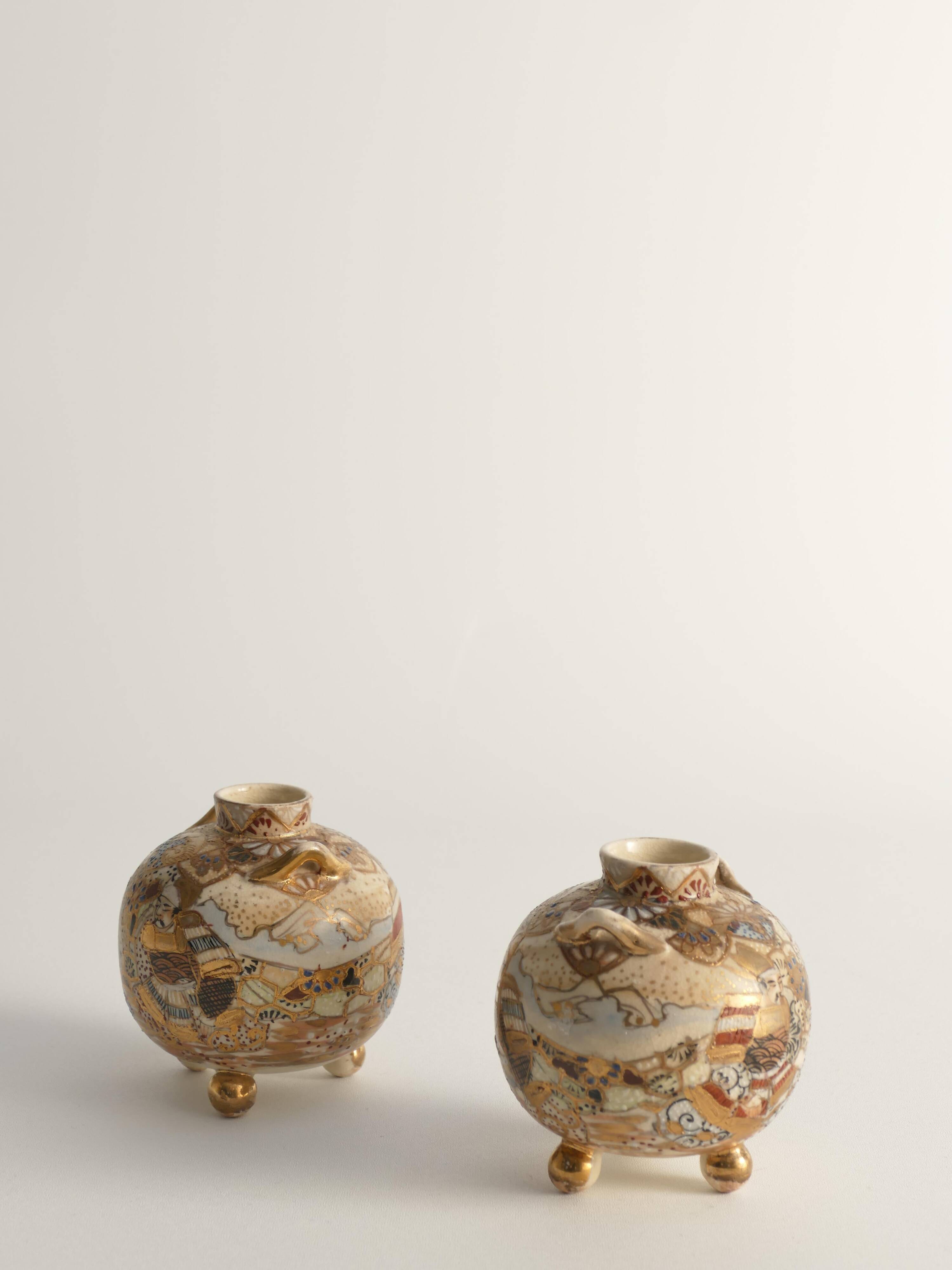 Satsuma Earthenware Vases, Hand-Painted Polychrome, Japan, Set of 2