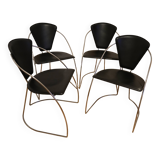 Set of 4 black leather armchairs with chrome steel frames from the 80s
