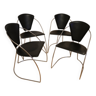 Lot de 4 fauteuils chaises cuir noir armature acier chromé années 80