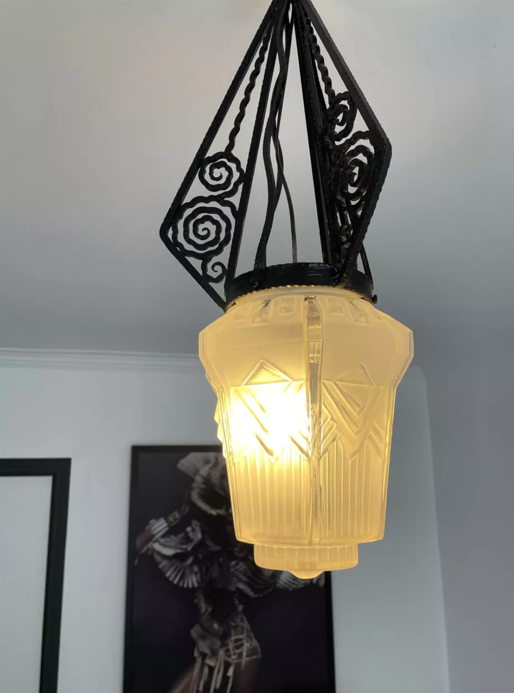 Hanging lamp in wrought iron and pressed molded glass, art nouveau