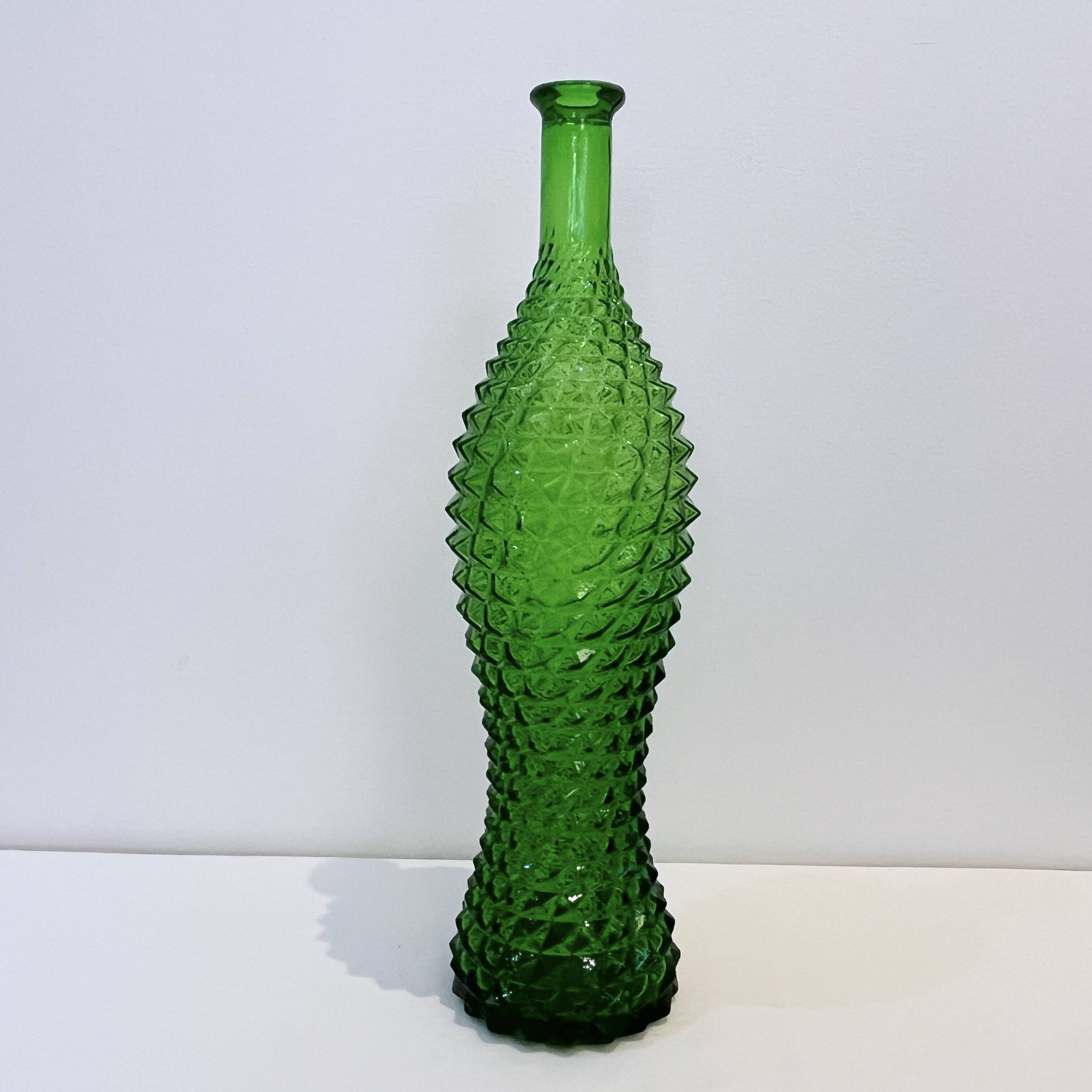 Empoli bottle vintage carafe in green diamond point glass Italy