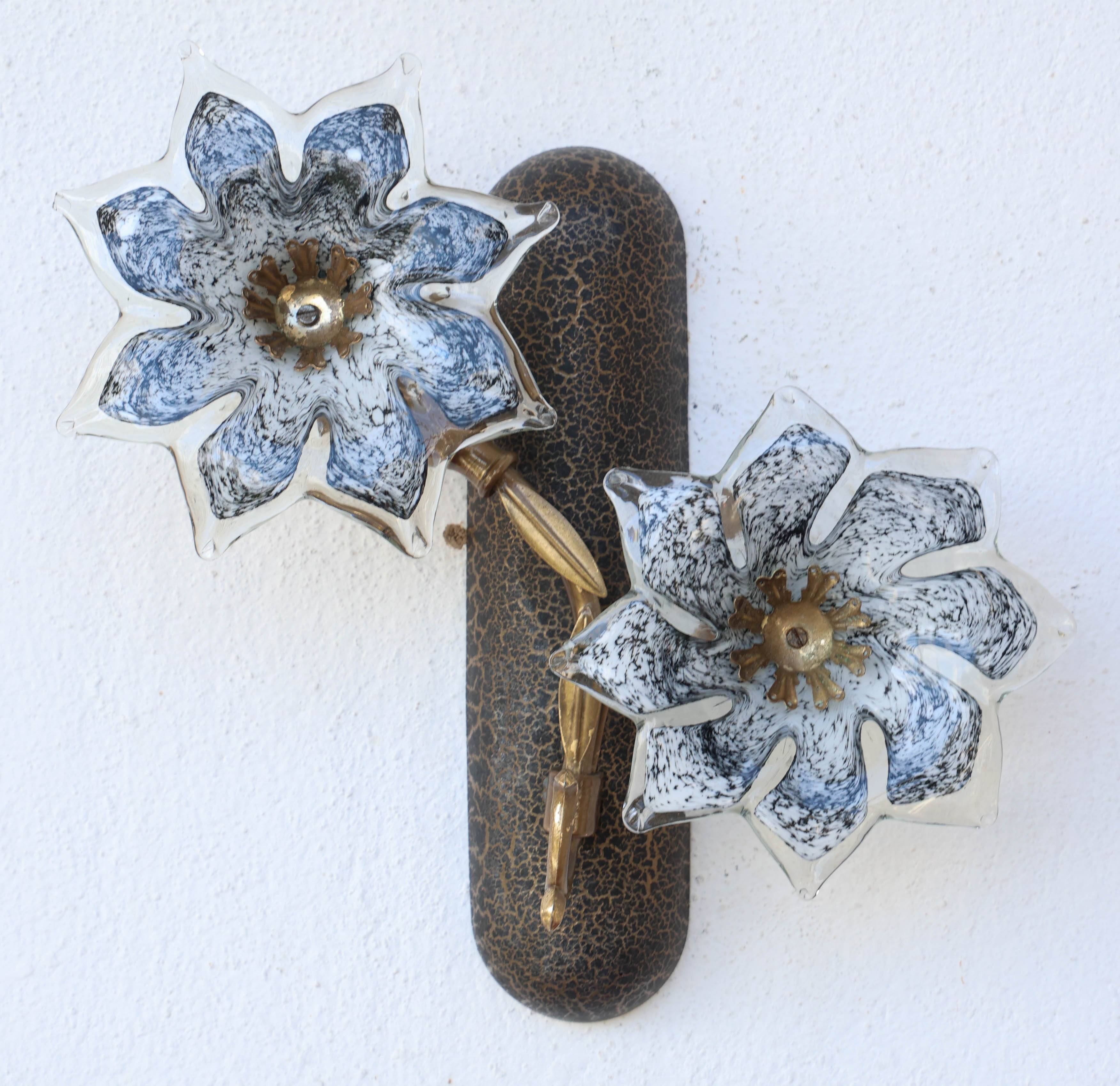 Set of 2 Murano Wall Light Black Flowers, 1970s