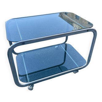 Table basse en métal chromé et double plateaux en verre fumé, années 70
