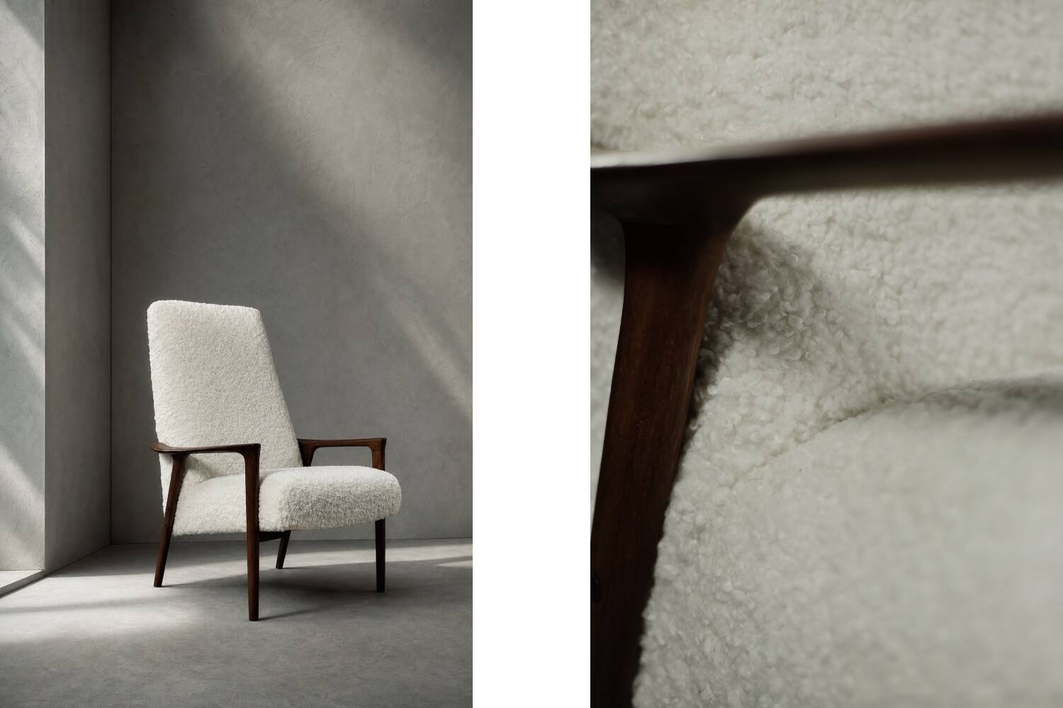 Vintage Mid-Century Scandinavian Modern White Boucle &Teak High Armchair