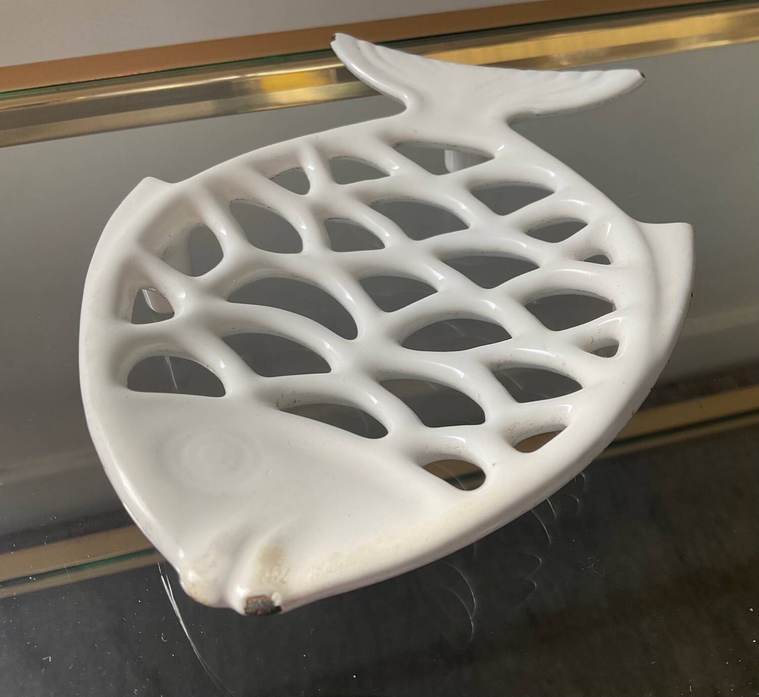 Vintage fish soap dish in enameled cast iron