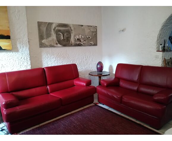 3 Seater Vintage Sofa In Red Leather, Vintage Red Leather Sofa