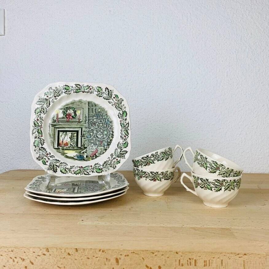 4 dessert plates and cups Merry Christmas Johnson Bros