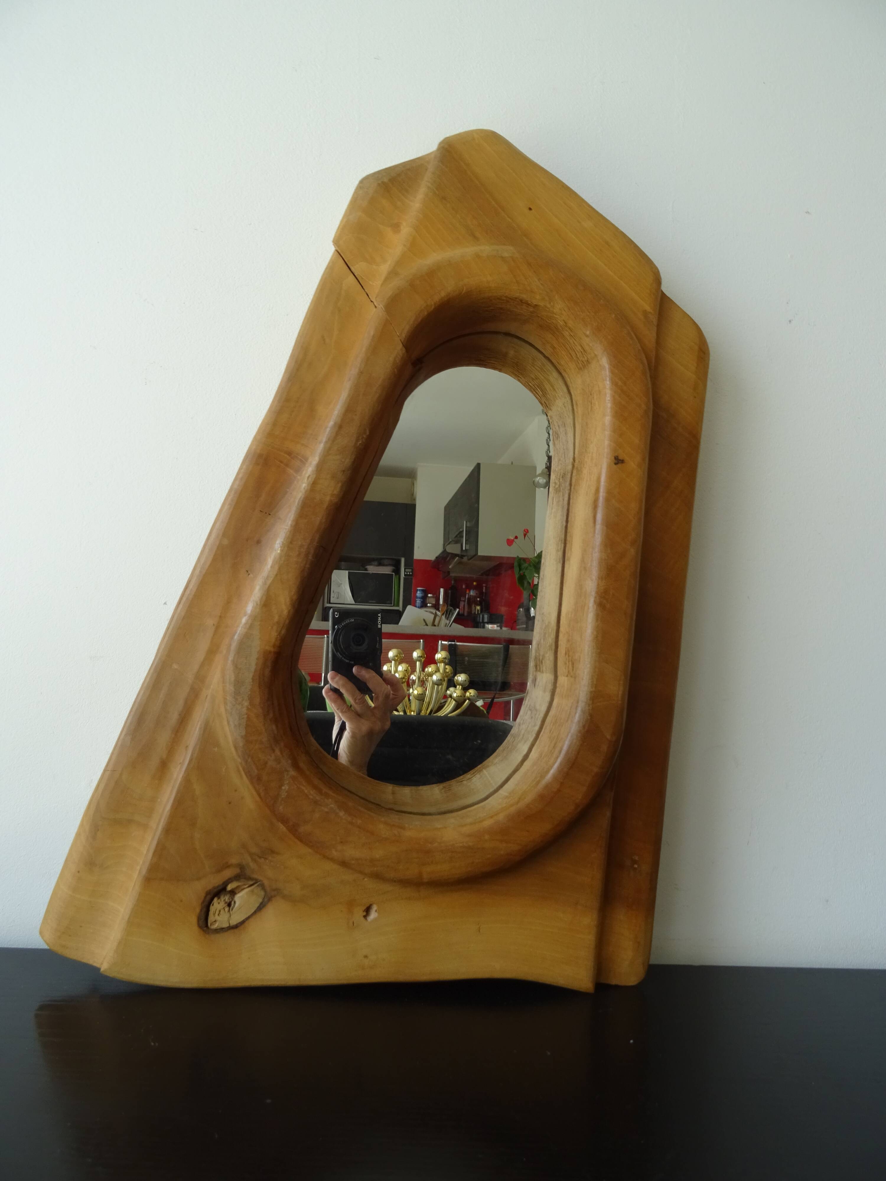 Brutalist free-form solid wood mirror from the 70s