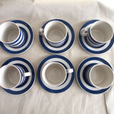 Set de 6 tasses à thé et soucoupe en faïence à rayures bleues