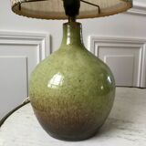 Signed stoneware lamp with woven lampshade 60s-70s