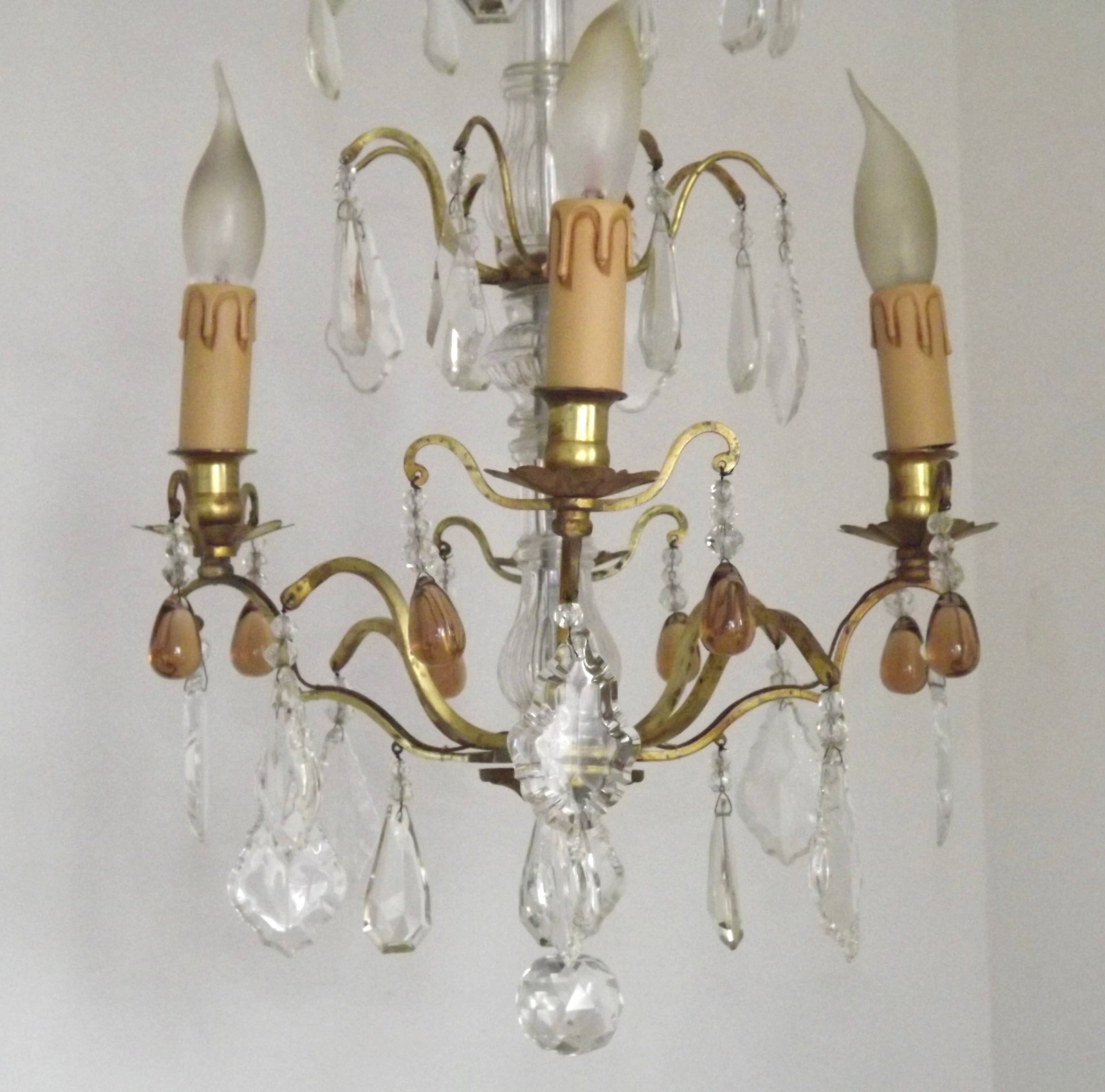 French vintage brass glass crystal 4 light chandelier with Murano droplets 4991